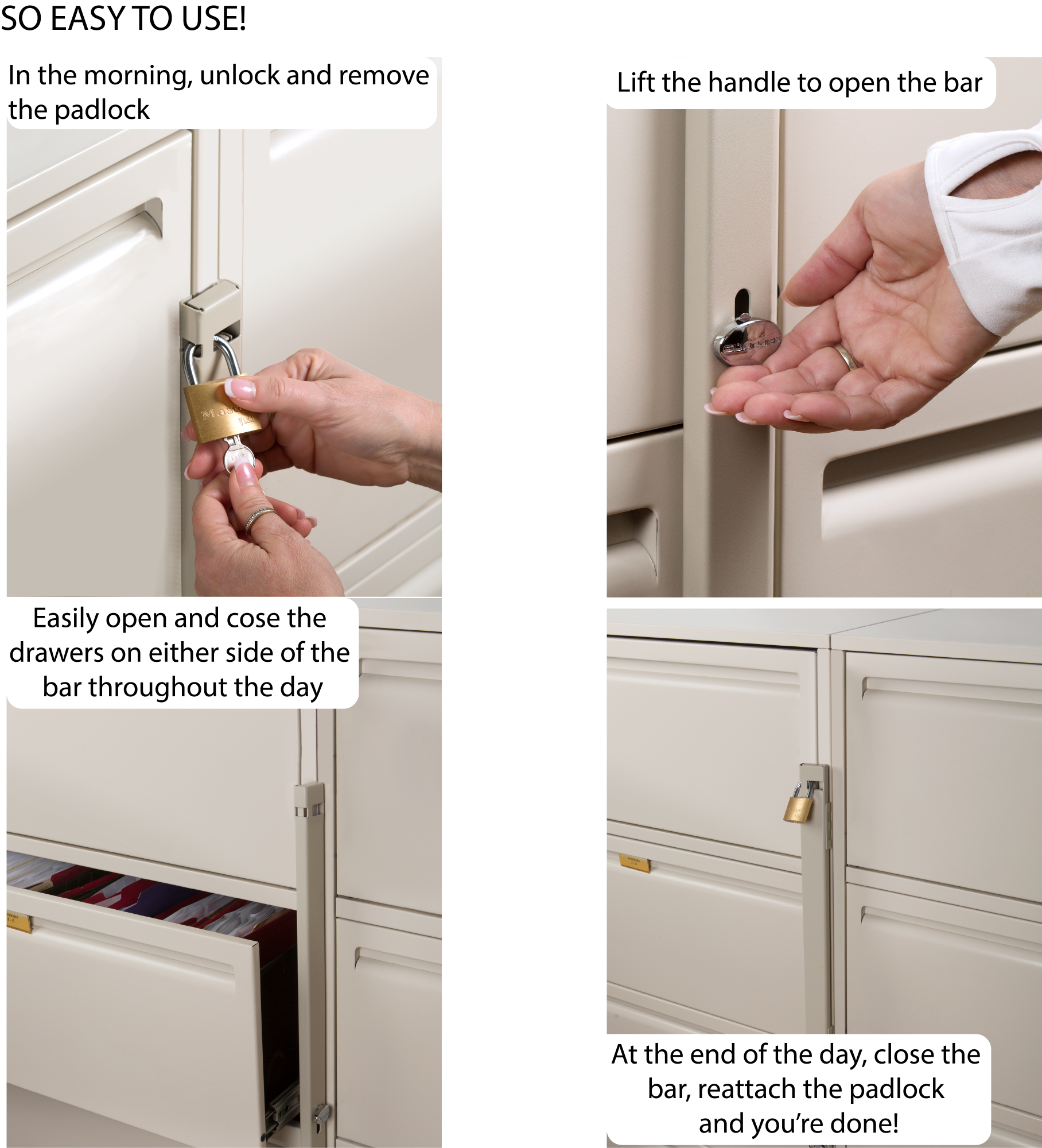 Instructions for using a file locking bar with padlock on file cabinet drawers