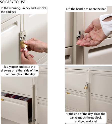 Instructions for using a file locking bar with padlock on file cabinet drawers