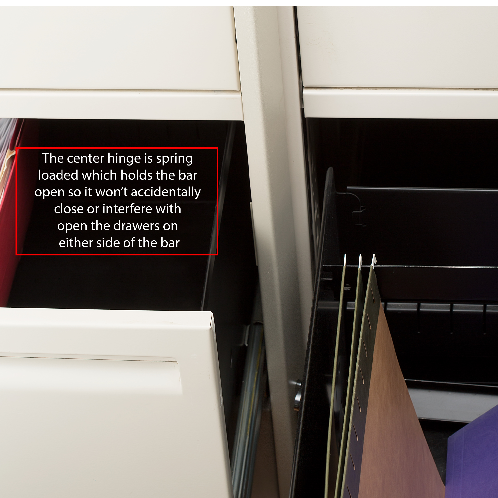 File  locking bar installed on file cabinet showing how the spring action keeps the file bar in place so you can open the file cabinet drawers