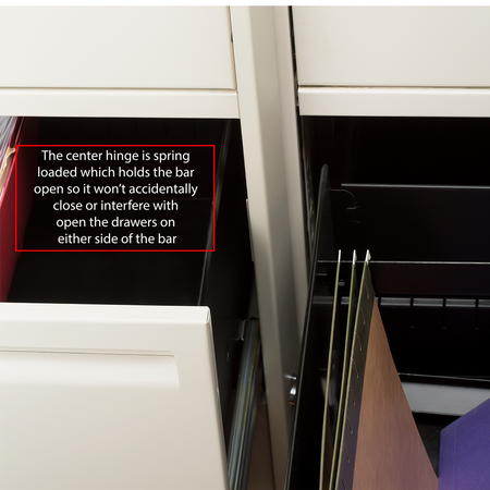File  locking bar installed on file cabinet showing how the spring action keeps the file bar in place so you can open the file cabinet drawers