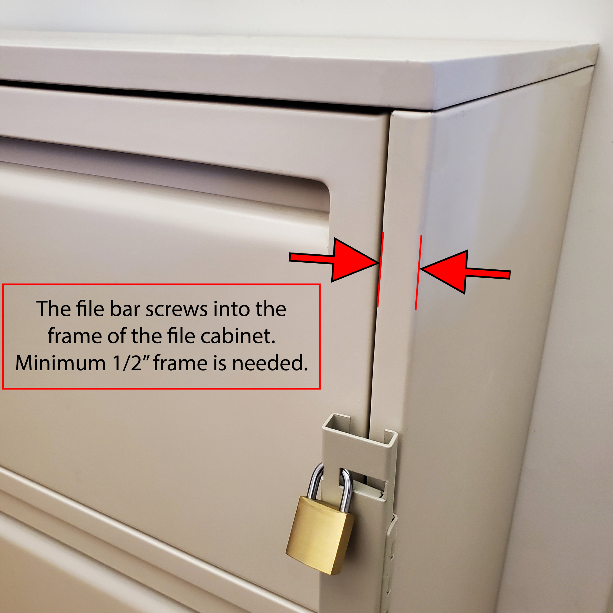 File cabinet with a file bar and lock, showing minimum frame width needed on the file cabinet in order to install the file locking bar