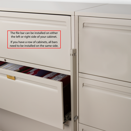 Filing cabinets side by side with open drawer displaying how file locking bar does not interfere with drawers opening