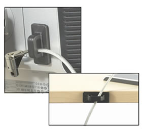 glue on fastener on a monitor and a desk with a security cable through it