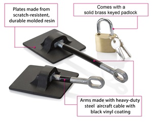 back view of black refrigerator lock kit with adhesive tape